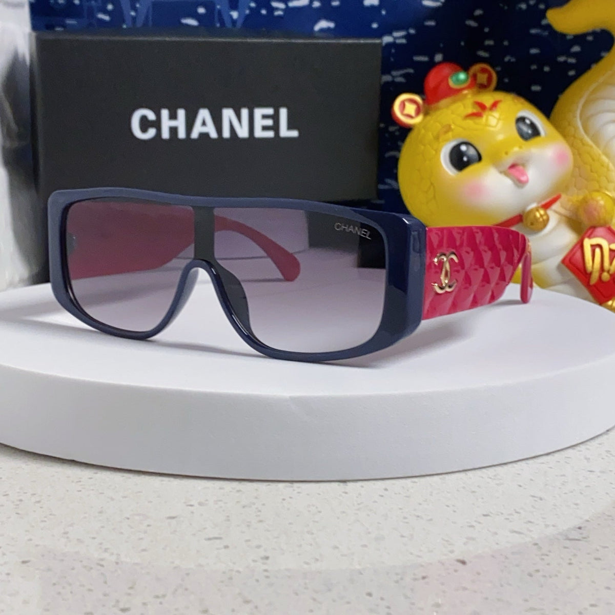 CHANEL SQUARE SUNGLASSES 641780 IN BLUE ACETATE PINK FRAME