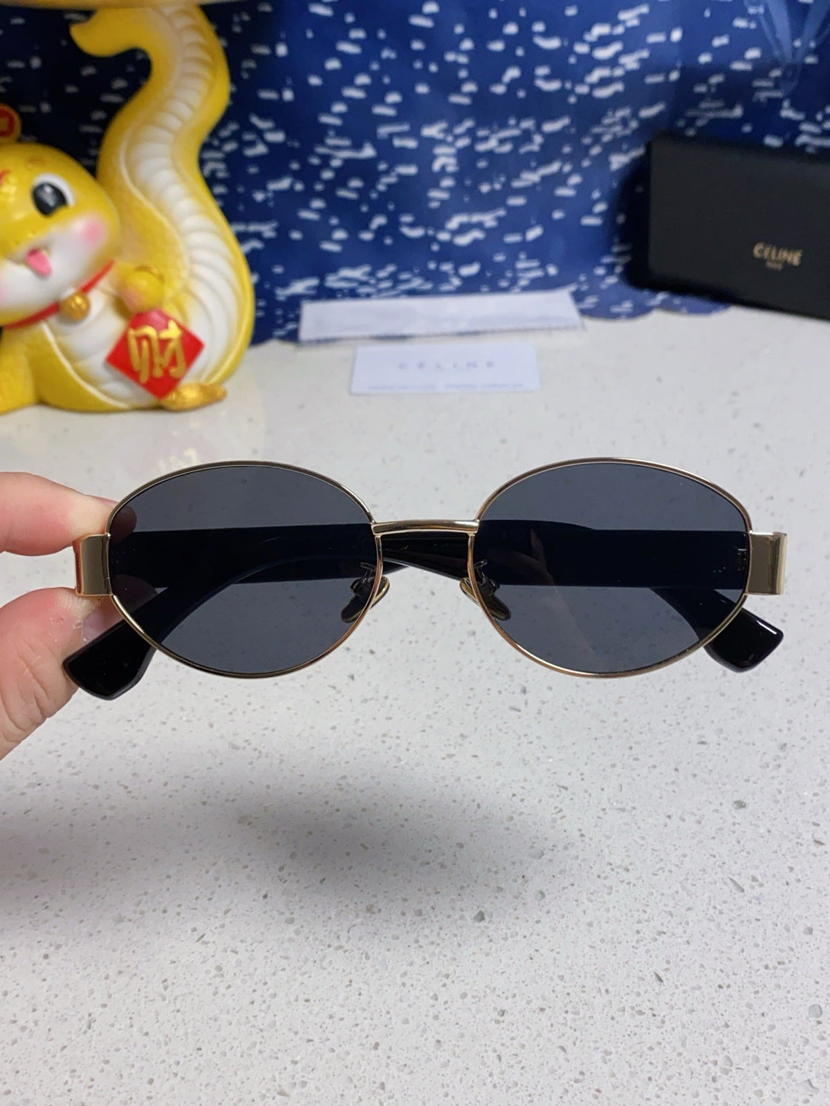 CELINE TRIOMPHE SUNGLASS 538532 IN BLACK ACETATE GOLD METAL