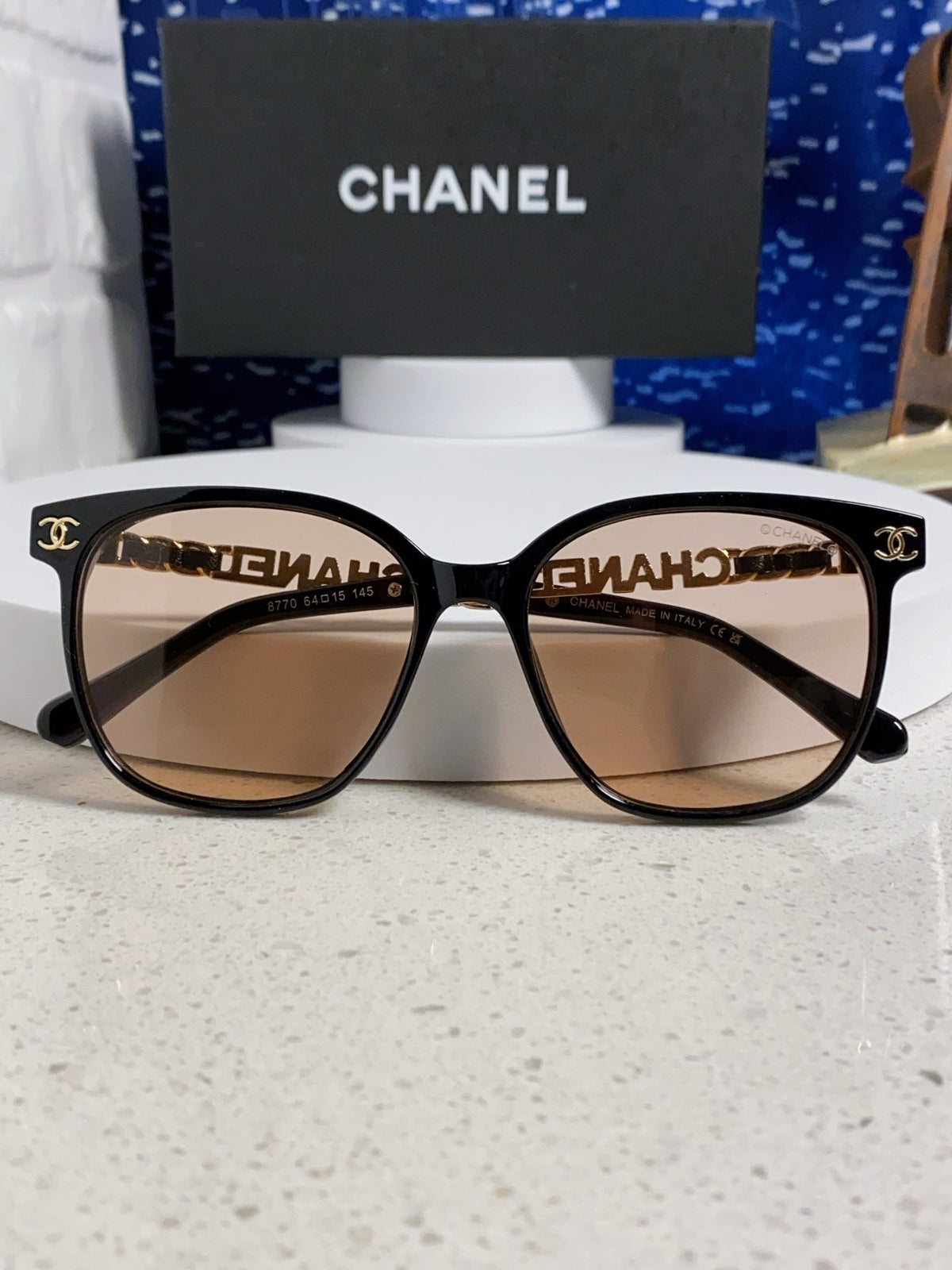 CHANEL SQUARE SUNGLASSES 632028 IN BLACK ACETATE LIGHT BROWN LENSES