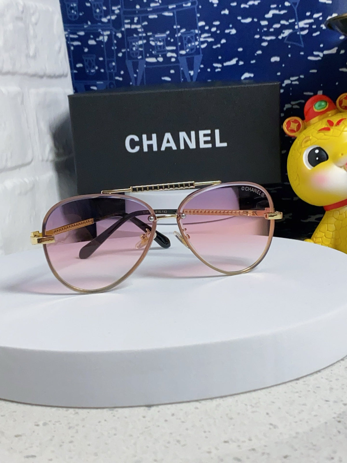 CHANEL CAT EYE SUNGLASSES 641934 IN GOLD METAL PINK SMOKE LENSES