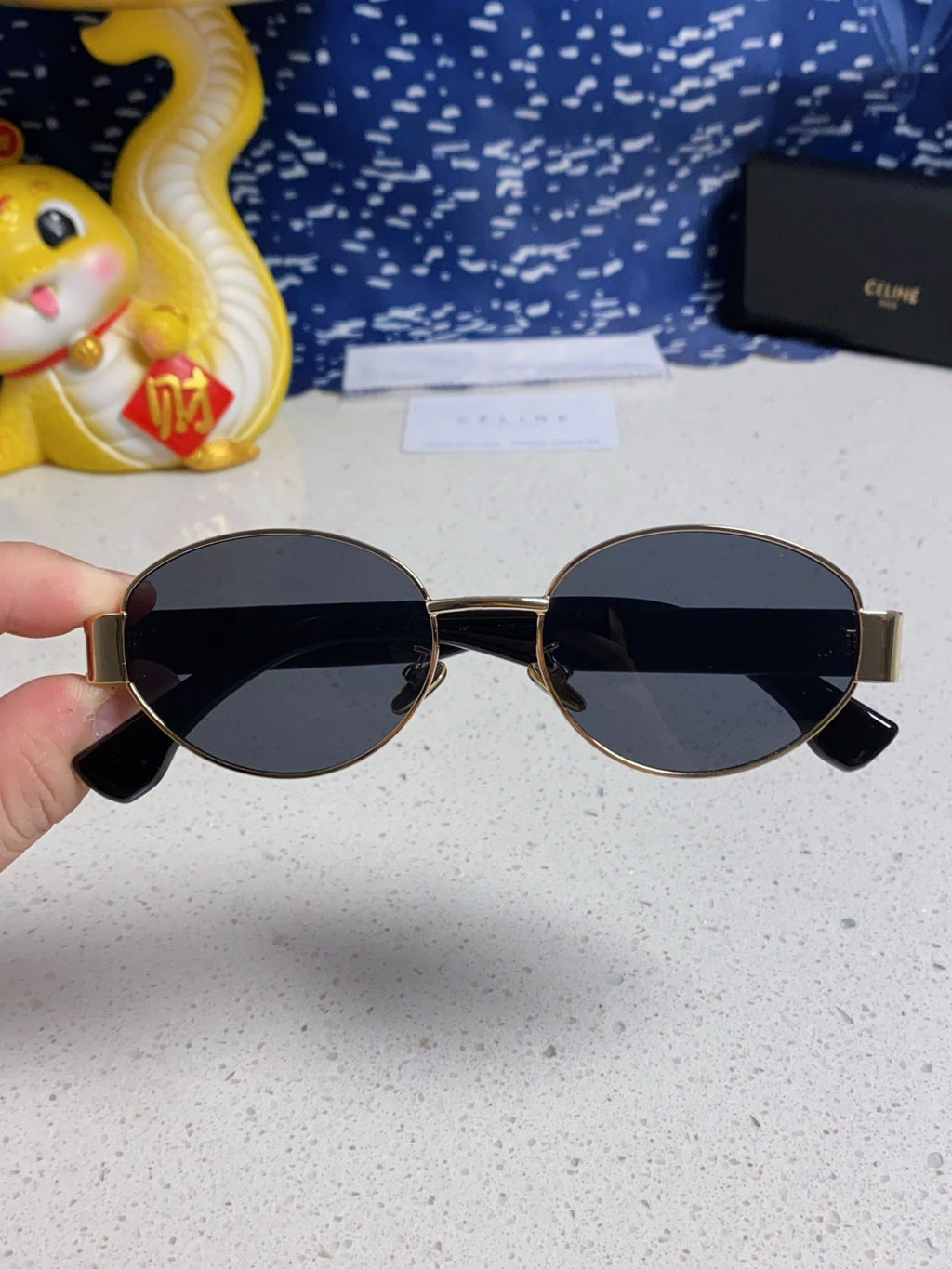 CELINE TRIOMPHE SUNGLASS 538532 IN BLACK ACETATE GOLD METAL