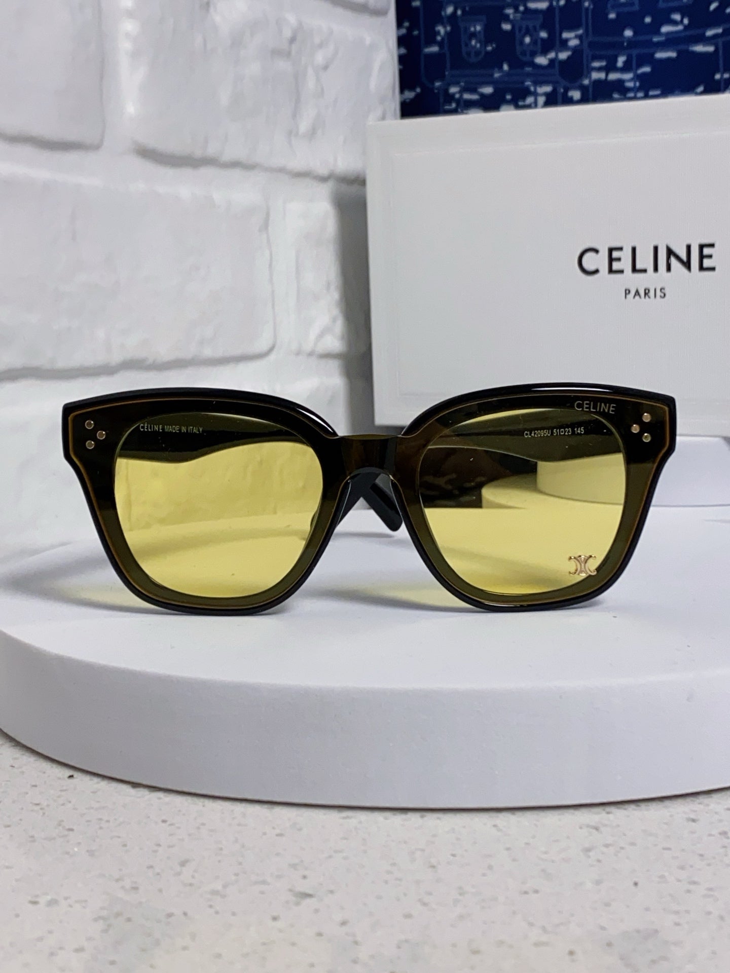 CELINE SQUARE SUNGLASS 575840 IN BLACK ACETATE GREEN LENSES