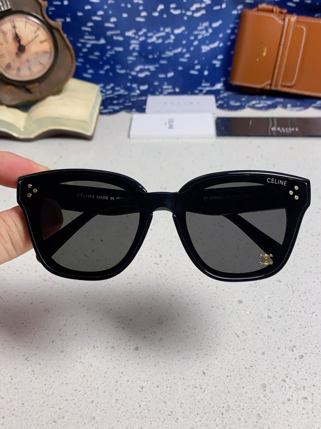 CELINE SQUARE SUNGLASS 575845 IN BLACK ACETATE BLACK LENSES