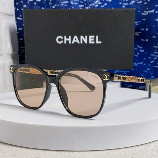 CHANEL SQUARE SUNGLASSES 632028 IN BLACK ACETATE LIGHT BROWN LENSES